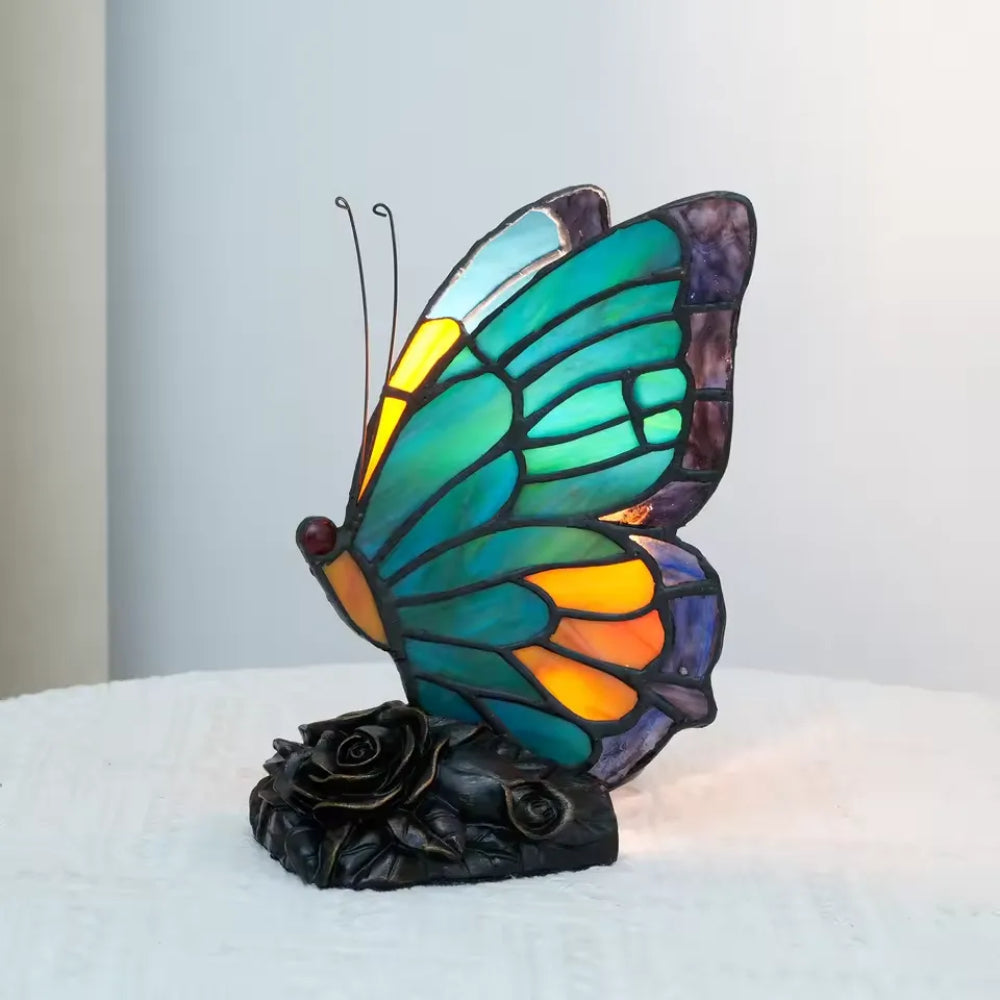 Vintage vlinder-tafellamp van glas-in-lood