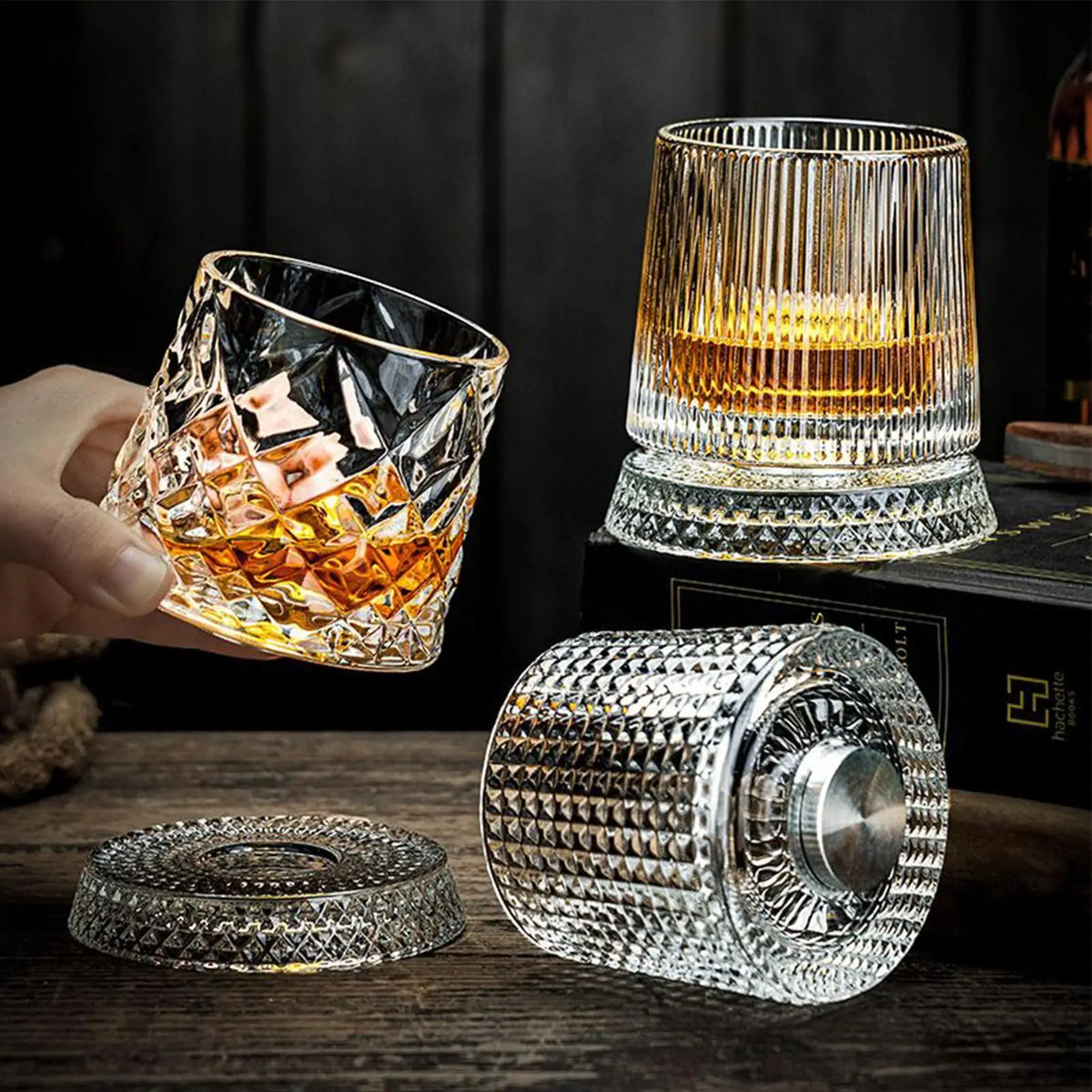 Rotating Whiskey Glass Set for Entertaining and Conversation