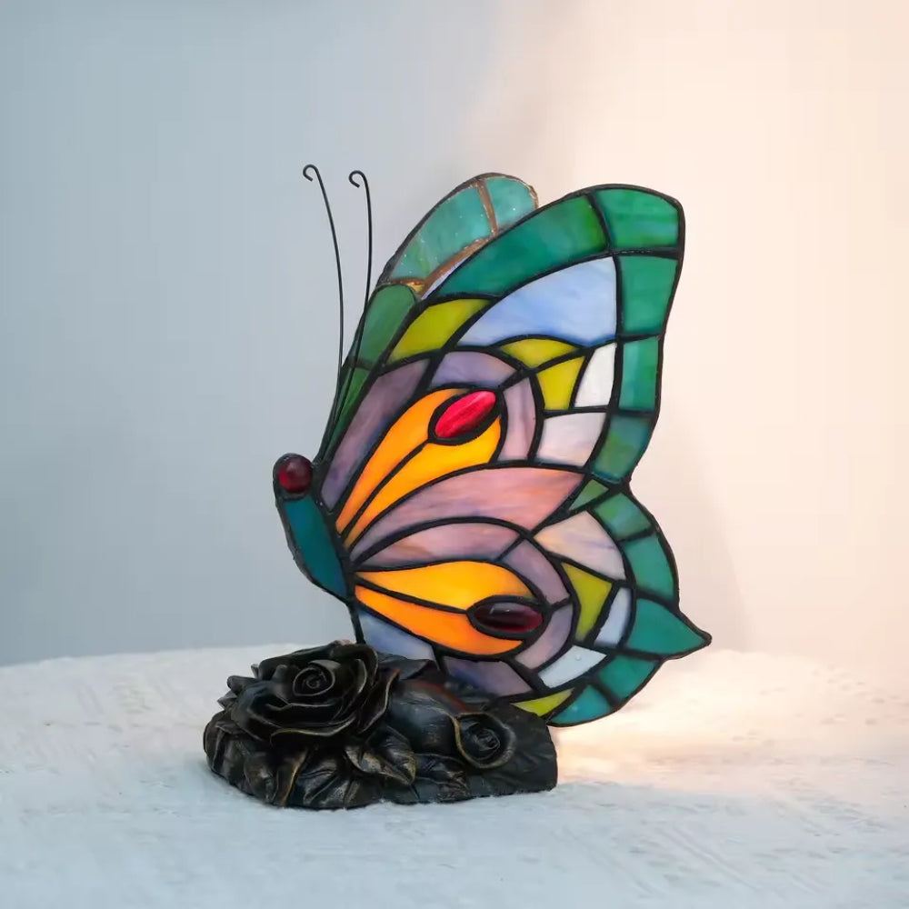 Vintage vlinder-tafellamp van glas-in-lood