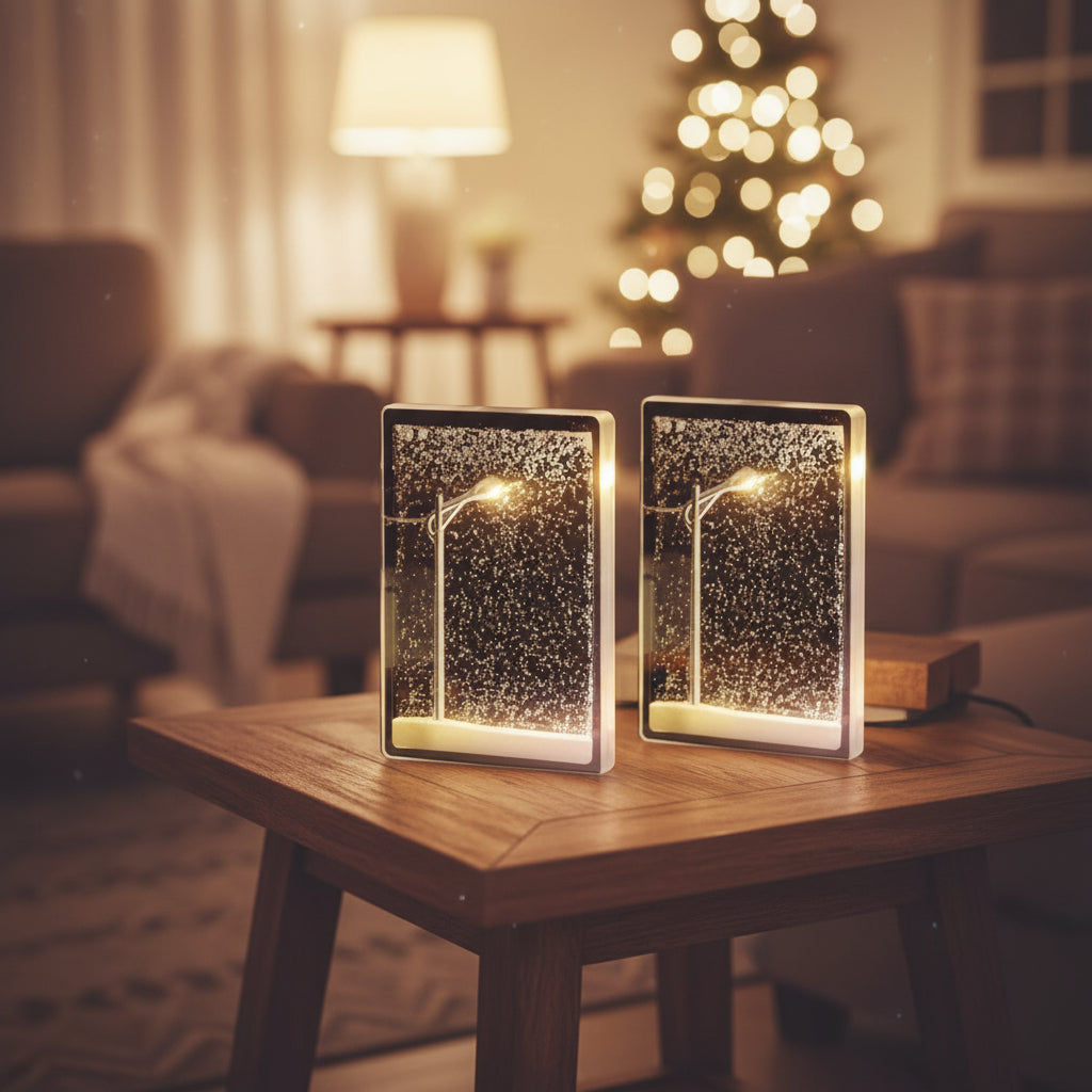 Lampe de table Chute de neige — Lueur givrée diffuse et particules flottantes