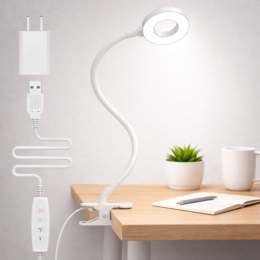 مصباح مكتب مرن بتقنية LED — تثبيت بمشبك، إضاءة قابلة للتعتيم للقراءة والمهام