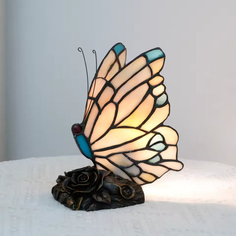 Vintage vlinder-tafellamp van glas-in-lood