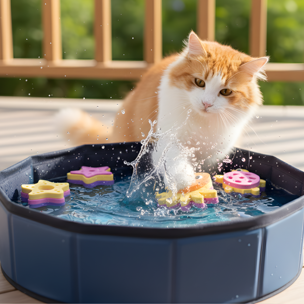 SplashNest Foldable Cat Water Play Pool — Floating Toys