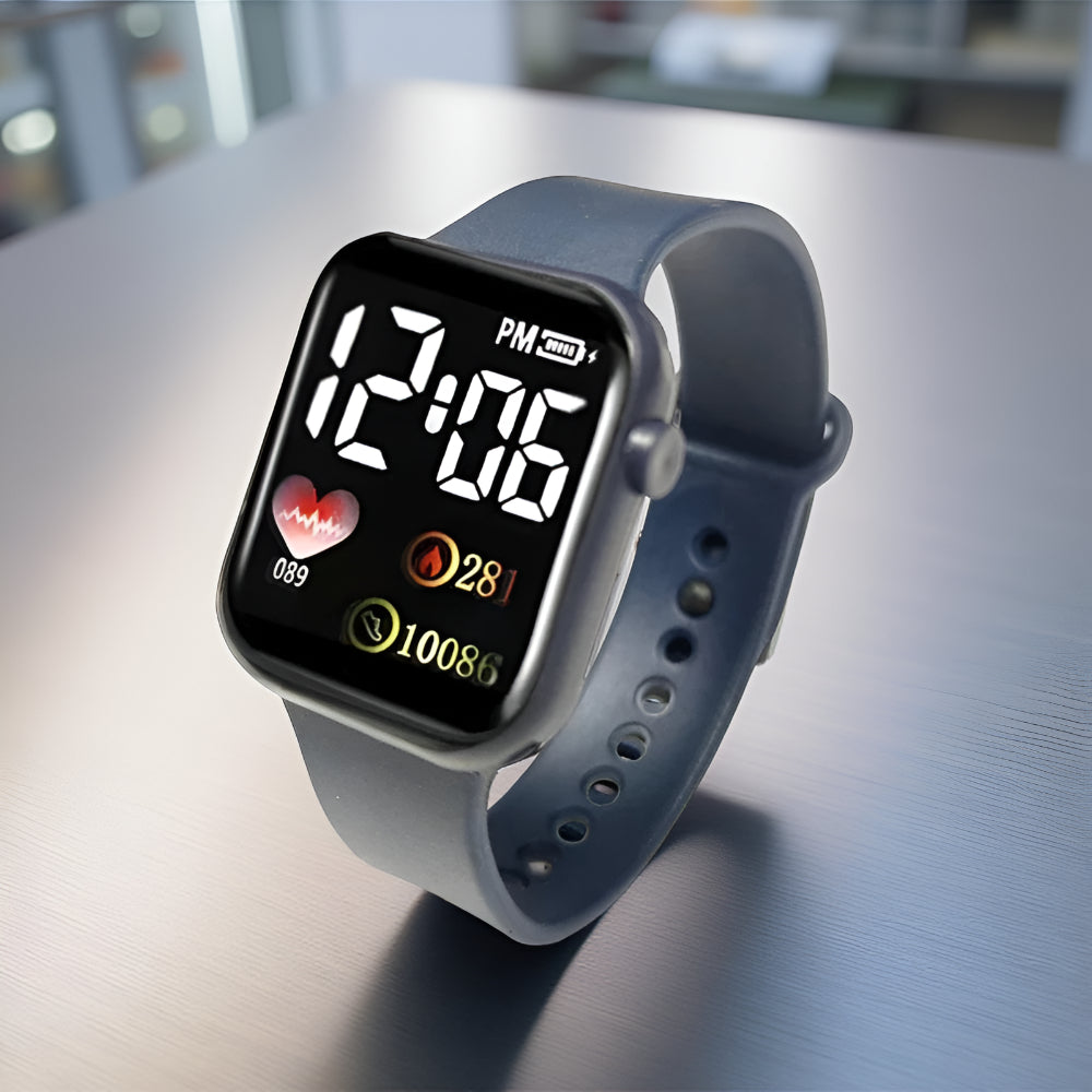 Digitalt sportsur til mænd og kvinder - vandtæt, LED-display, silikonestrop