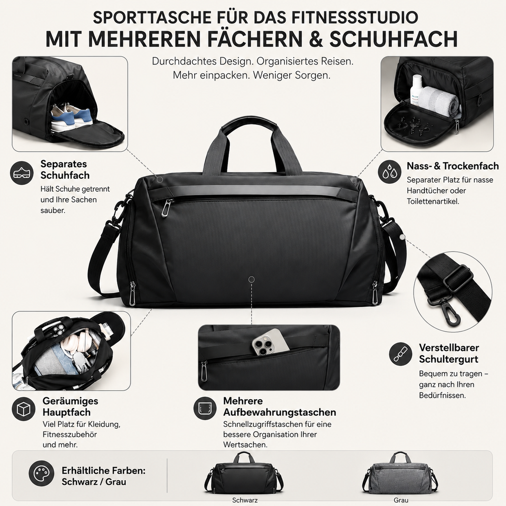 Torba sportowa z wieloma przegródkami na mokre i suche rzeczy oraz buty