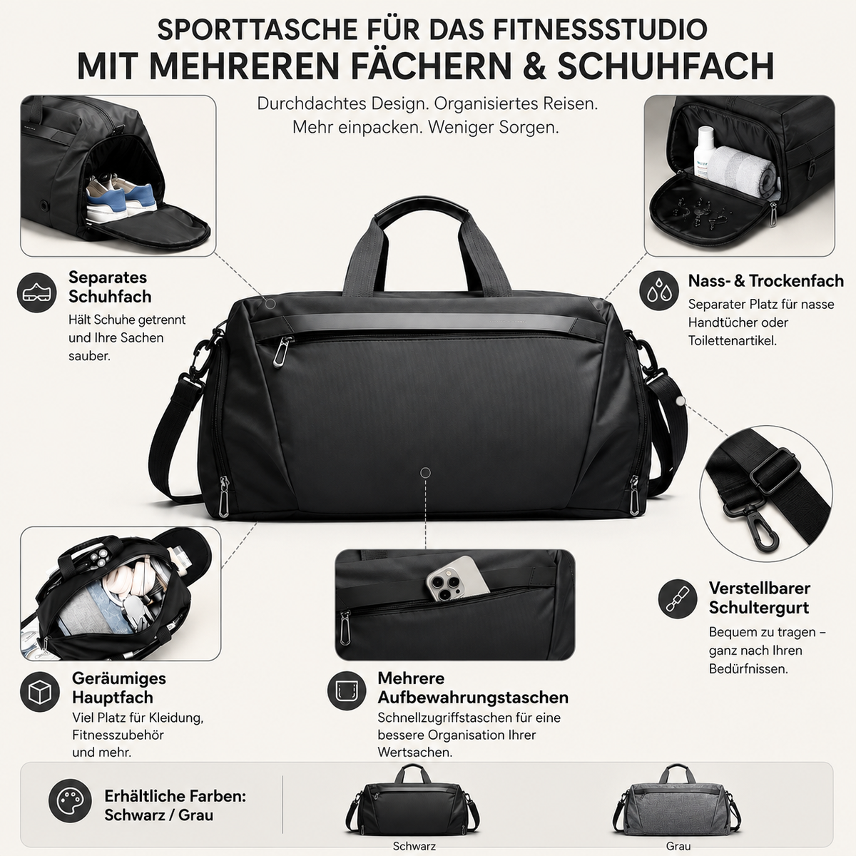 Torba sportowa z wieloma przegródkami na mokre i suche rzeczy oraz buty