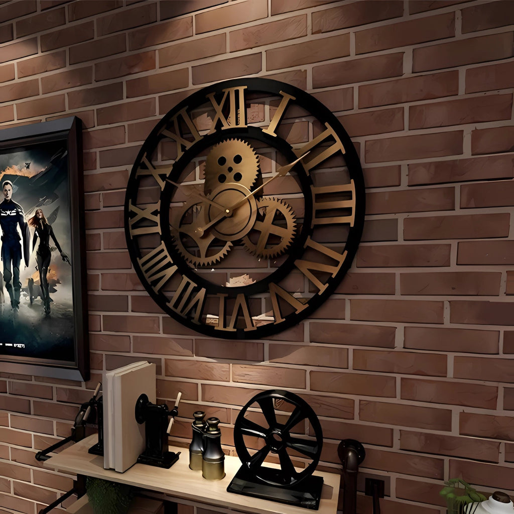 Steampunk Black Metal Wall Clock with Oversized Roman Numerals - Esilora