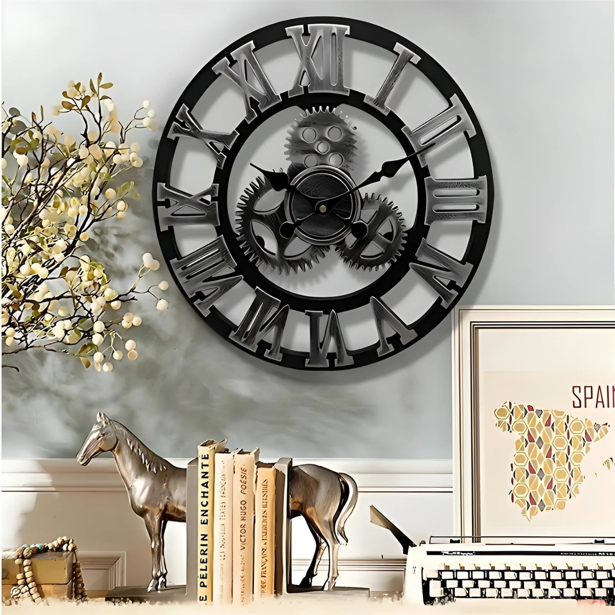 Steampunk Black Metal Wall Clock with Oversized Roman Numerals - Esilora