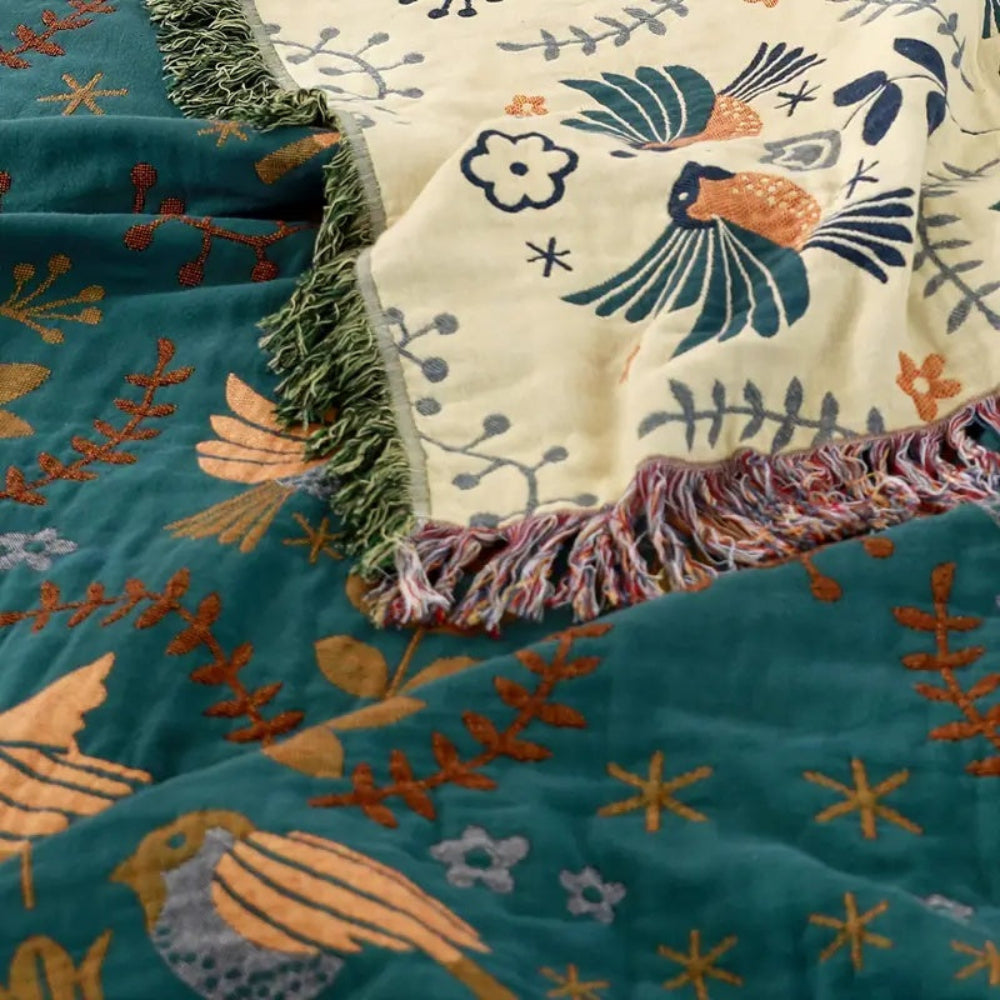 Reversible Cotton Throw Blanket — Scandinavian Bird Motif