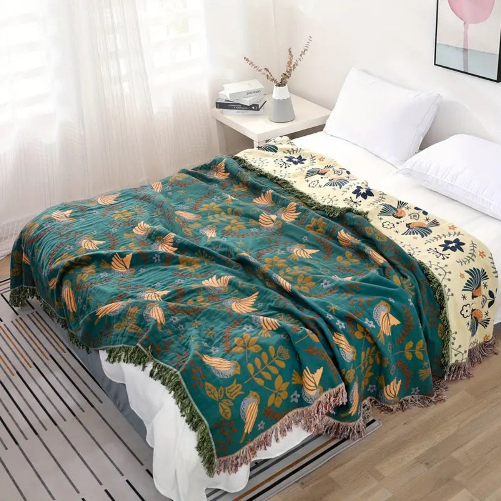 Reversible Cotton Throw Blanket — Scandinavian Bird Motif