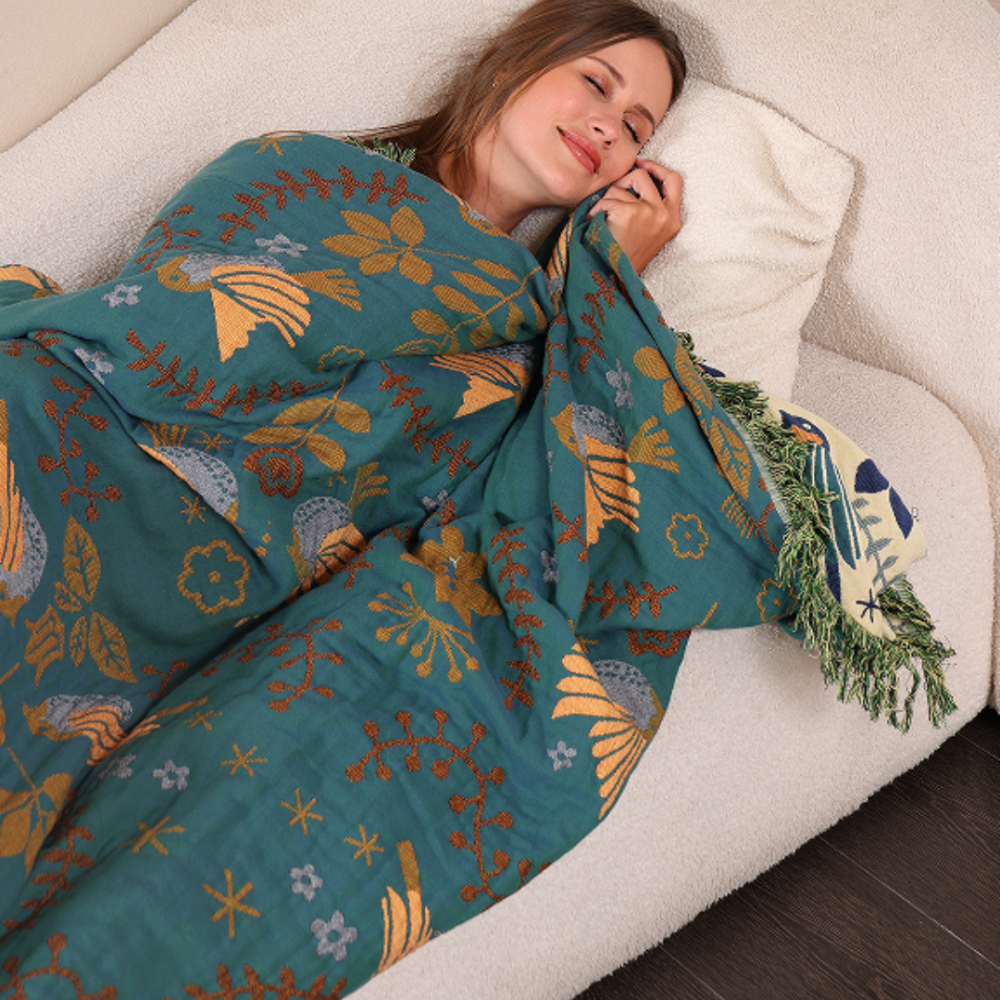 Reversible Cotton Throw Blanket — Scandinavian Bird Motif