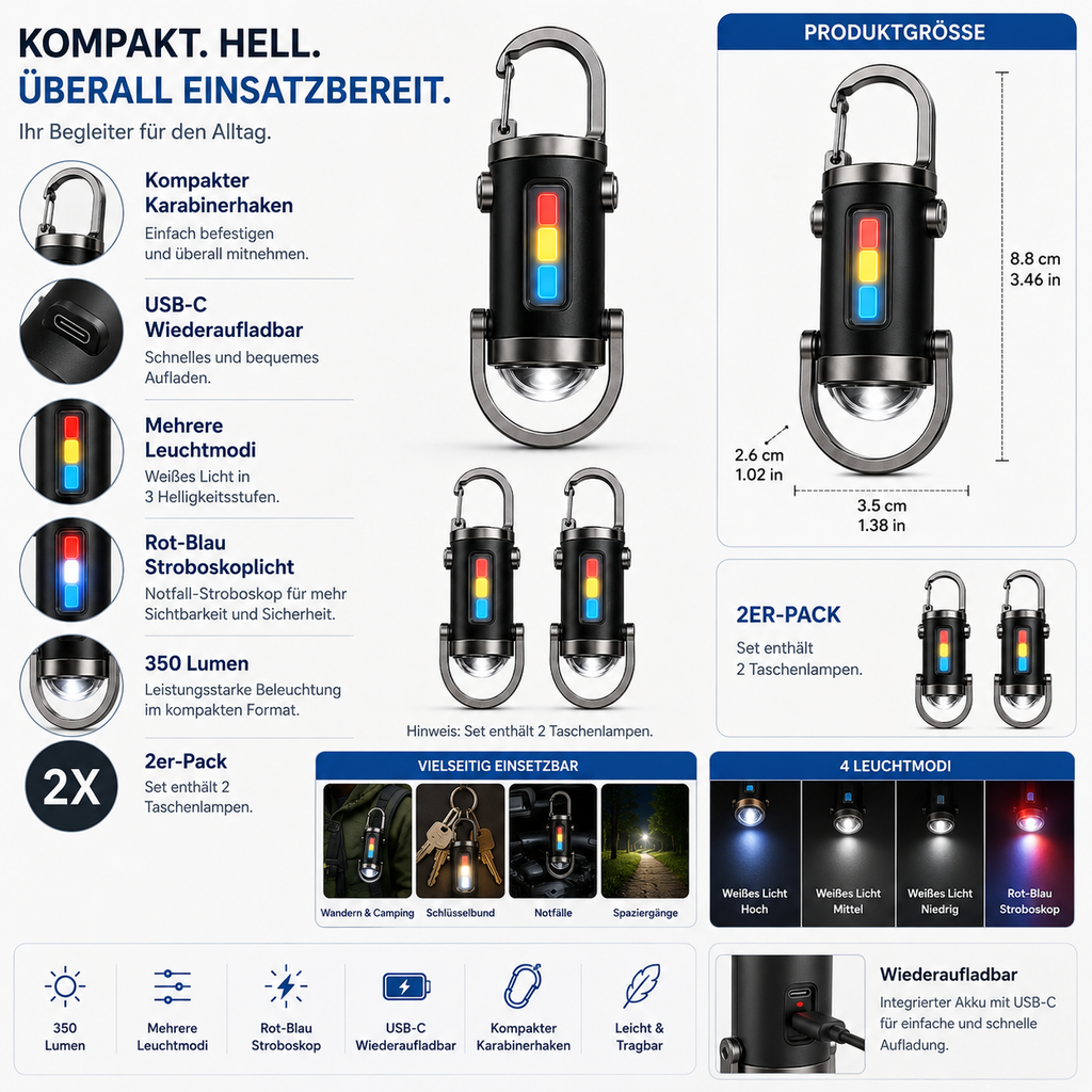 Lampe torche LED rechargeable - Mode stroboscopique et mousqueton