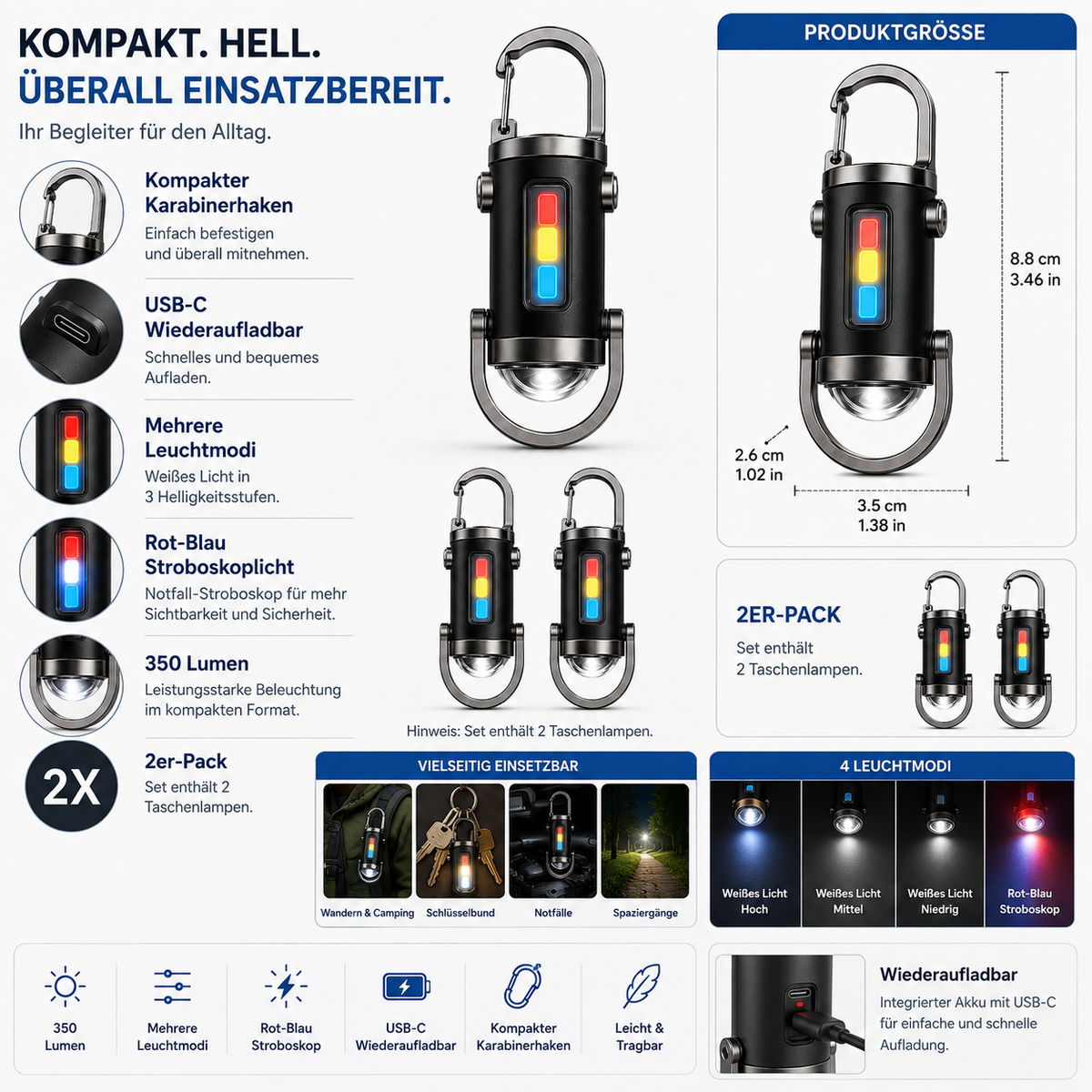 Lampe torche LED rechargeable - Mode stroboscopique et mousqueton