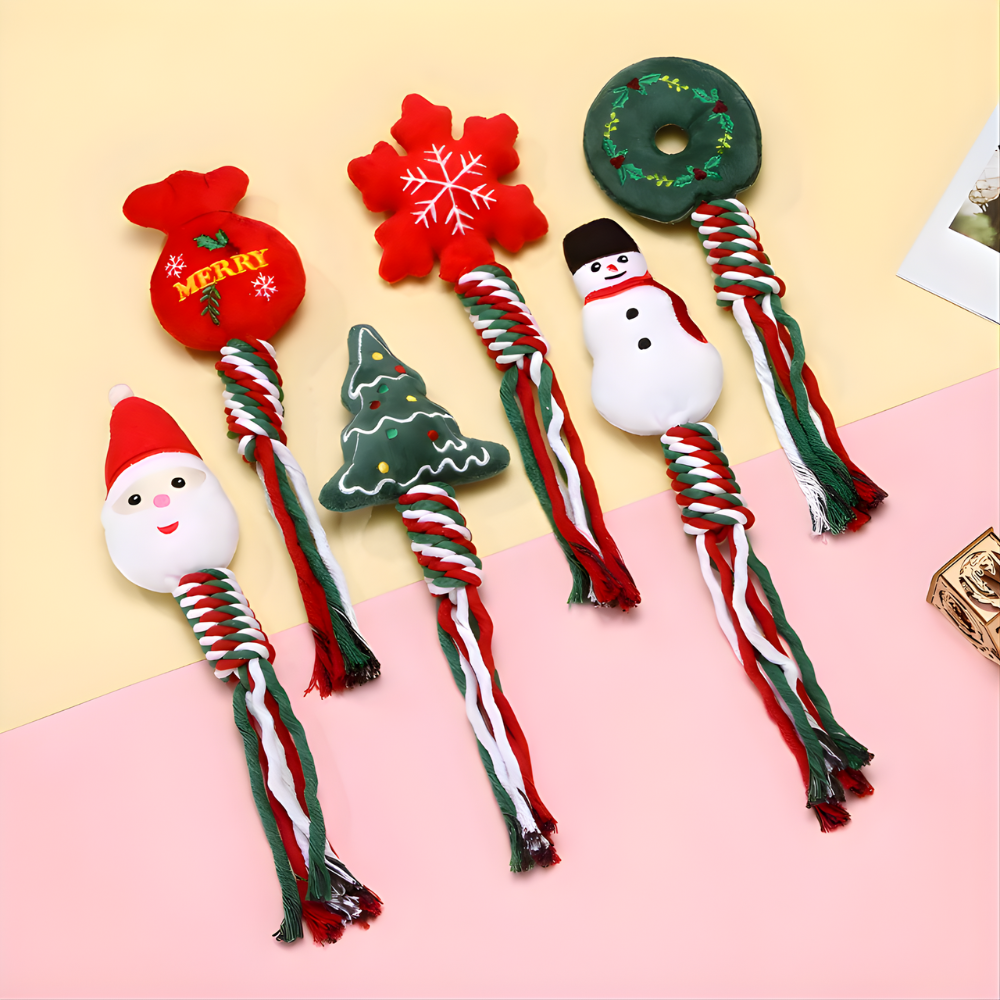 TinselTug 6-Pack Holiday Rope Plush Chew & Tug Dog Toys