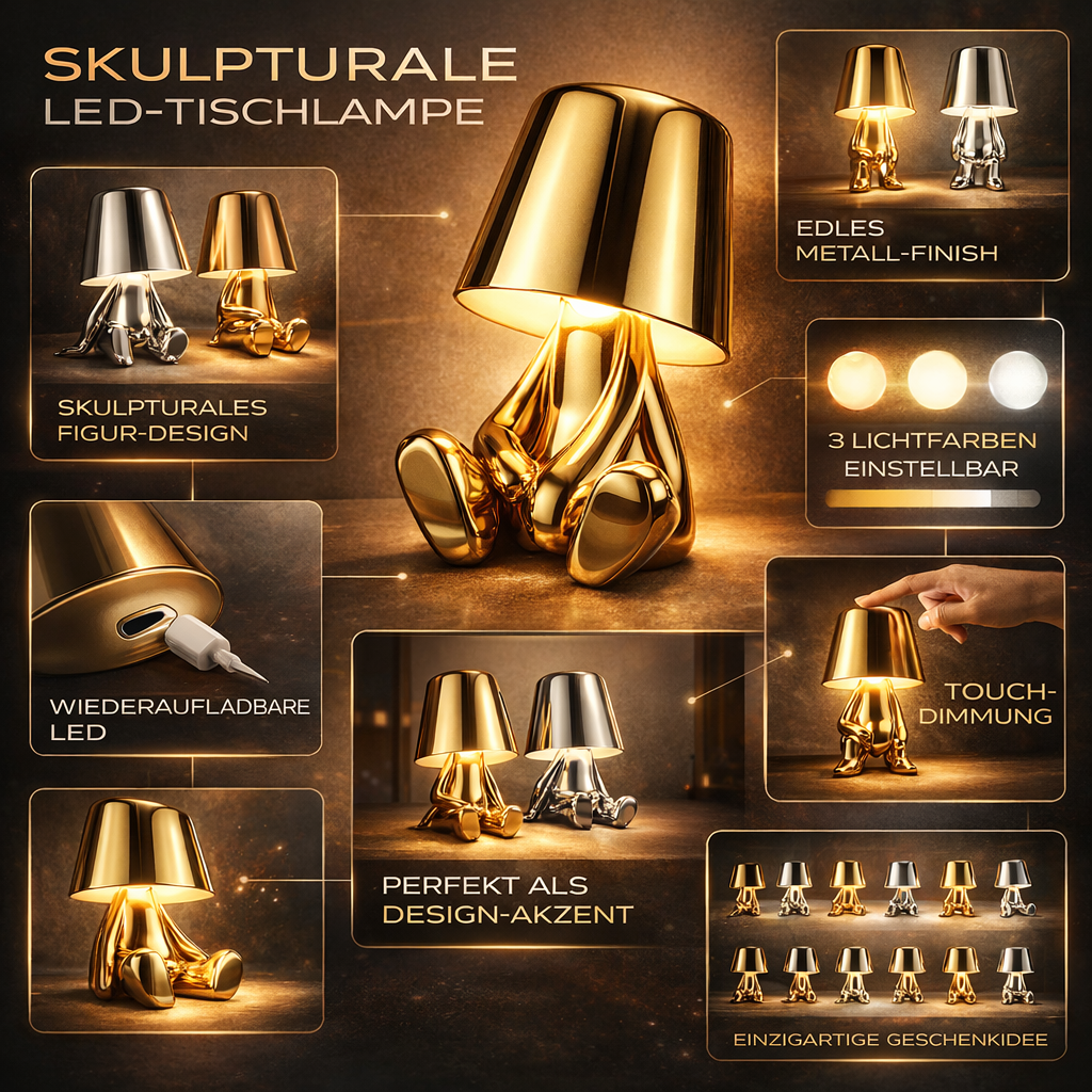 Modern bordslampa med LED och gyllene figurd design