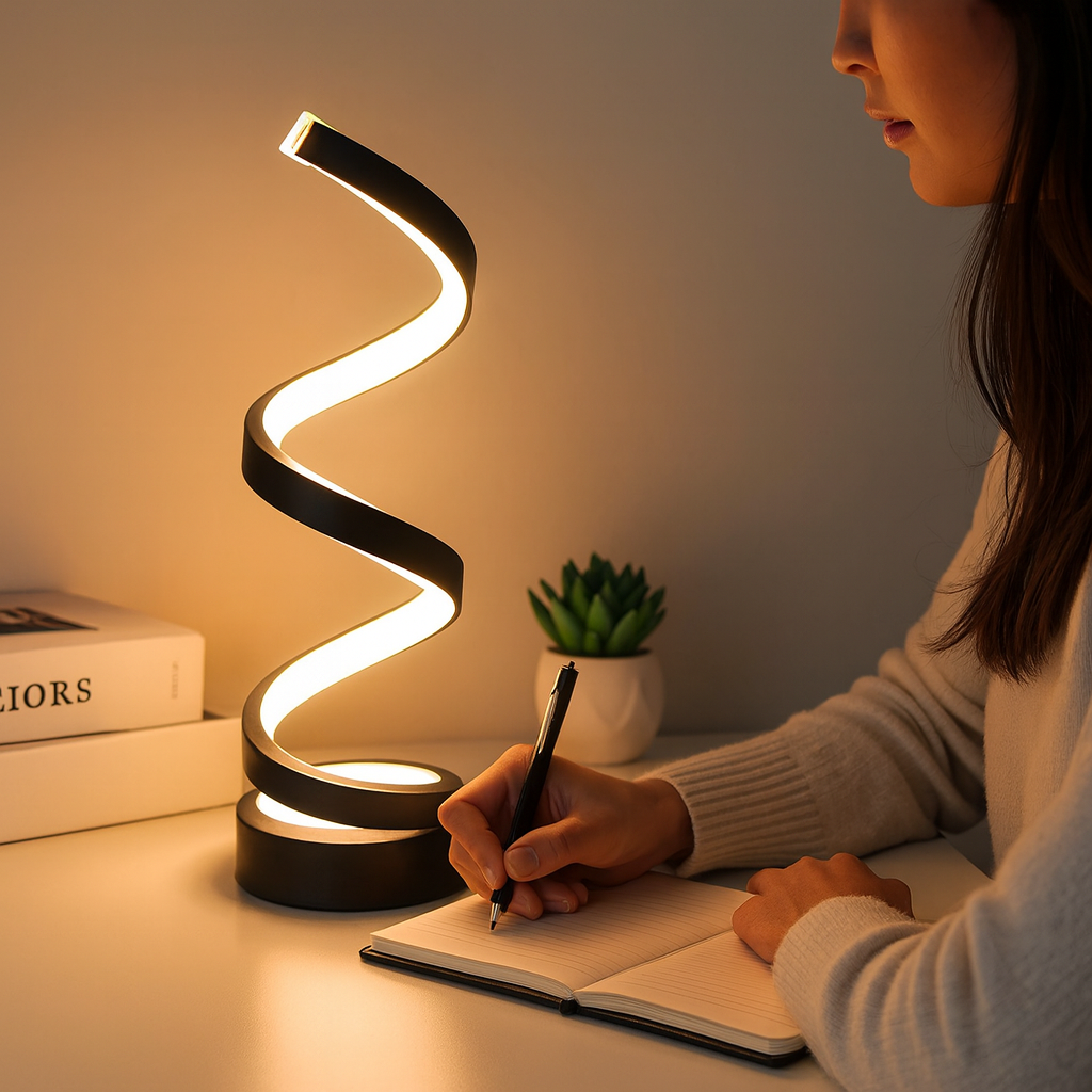 Contemporary LED Table Lamp — Twisted Spiral Form, Multi-Level Dimming