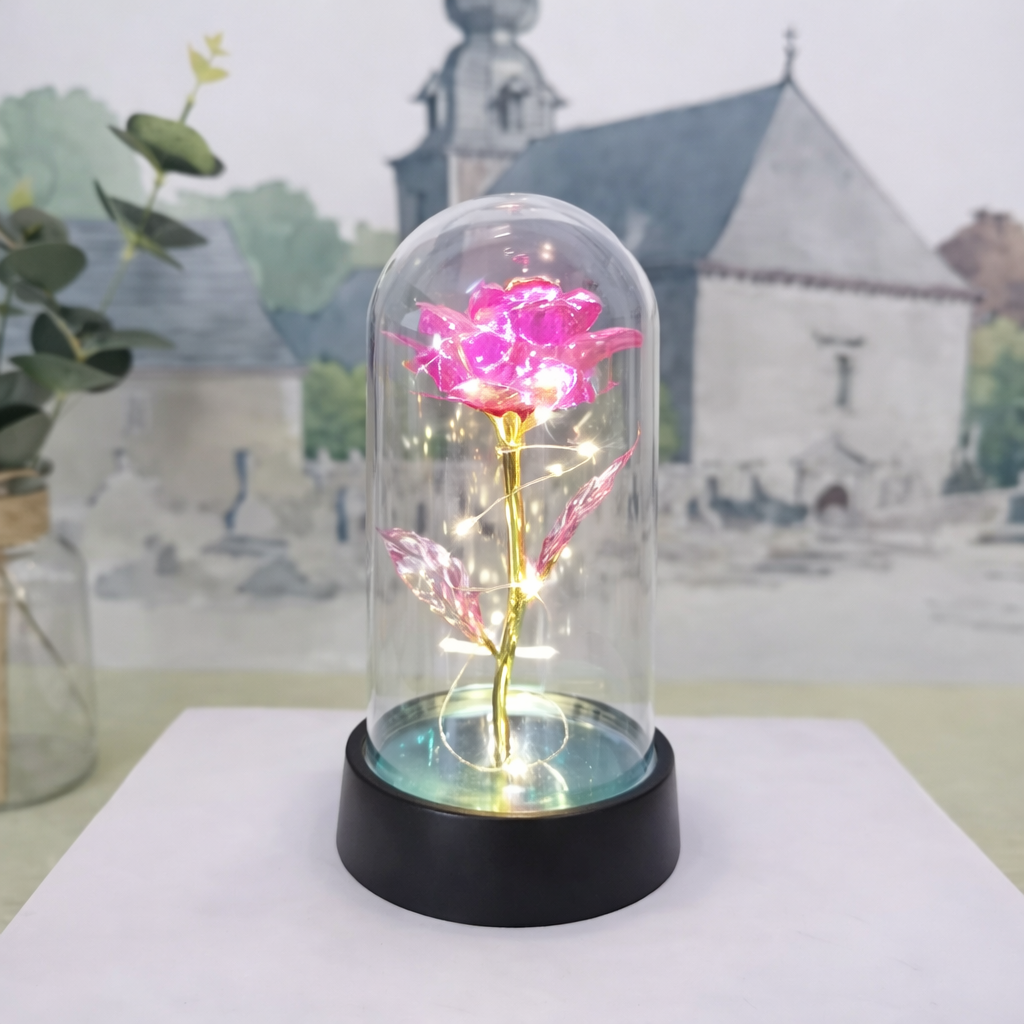 Preserved Rose Table Lamp — Clear Glass Dome Cover
