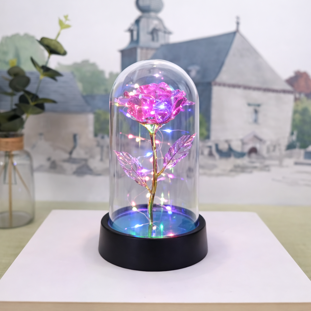 Preserved Rose Table Lamp — Clear Glass Dome Cover