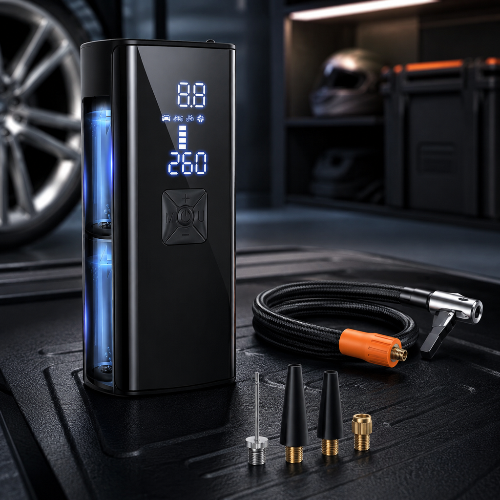 Inflador eléctrico portátil para neumáticos — 150 PSI, diseño compacto