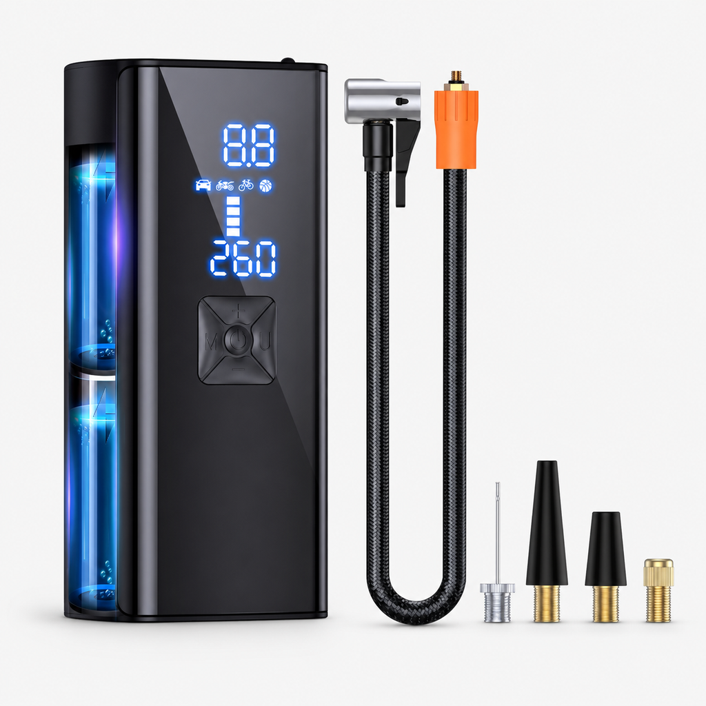 Inflador eléctrico portátil para neumáticos — 150 PSI, diseño compacto