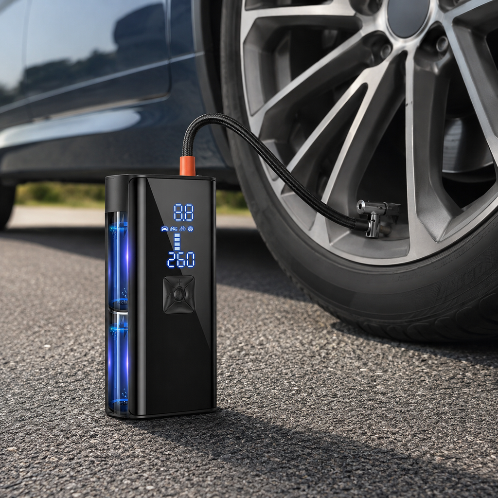Inflador eléctrico portátil para neumáticos — 150 PSI, diseño compacto