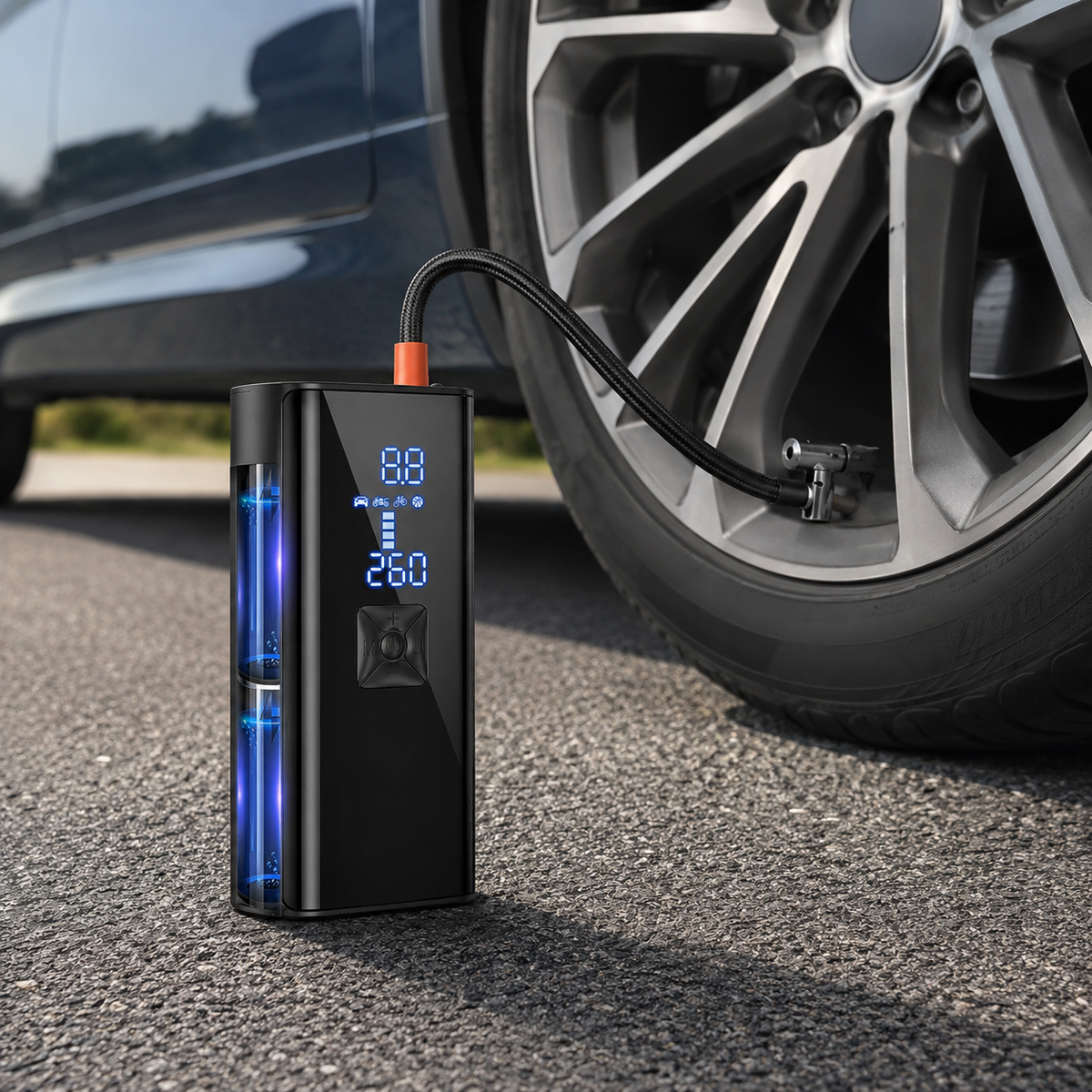 Inflador eléctrico portátil para neumáticos — 150 PSI, diseño compacto