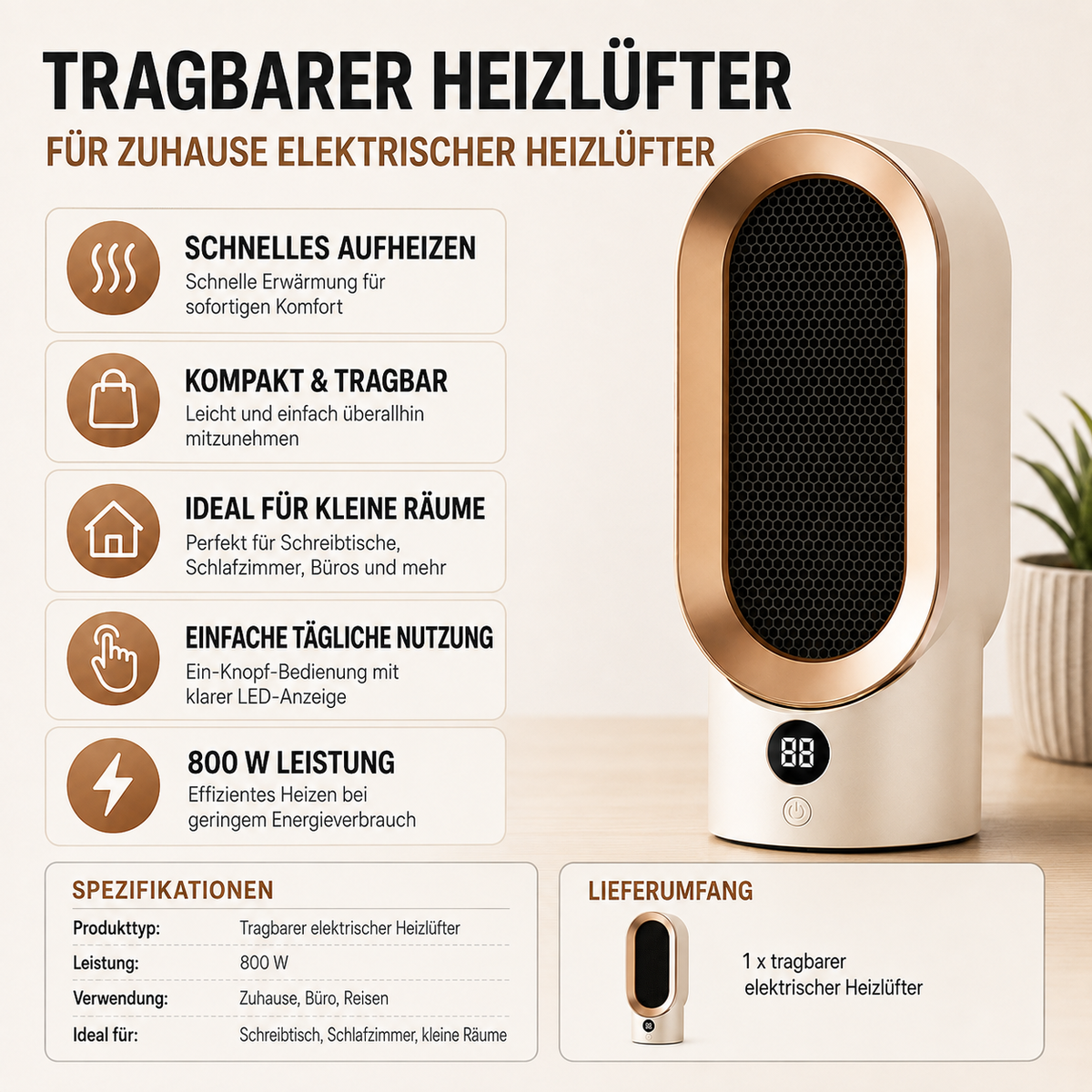 Przenośny termowentylator 800W — elektryczne urządzenie do szybkiego ogrzewania