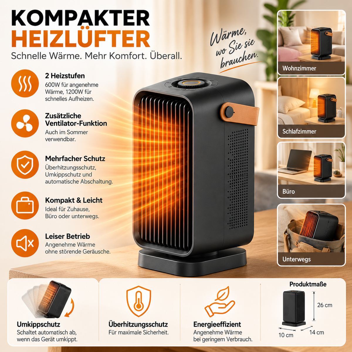 Portabel 1200W värmefläkt — kompakt design, säkerhetsavstängning