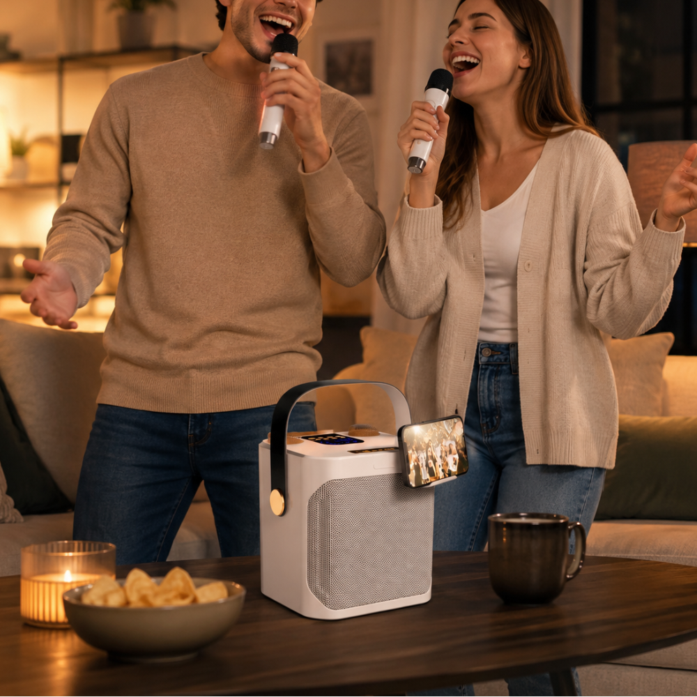 Przenośny głośnik karaoke — dźwięk 360°, 2 bezprzewodowe mikrofony