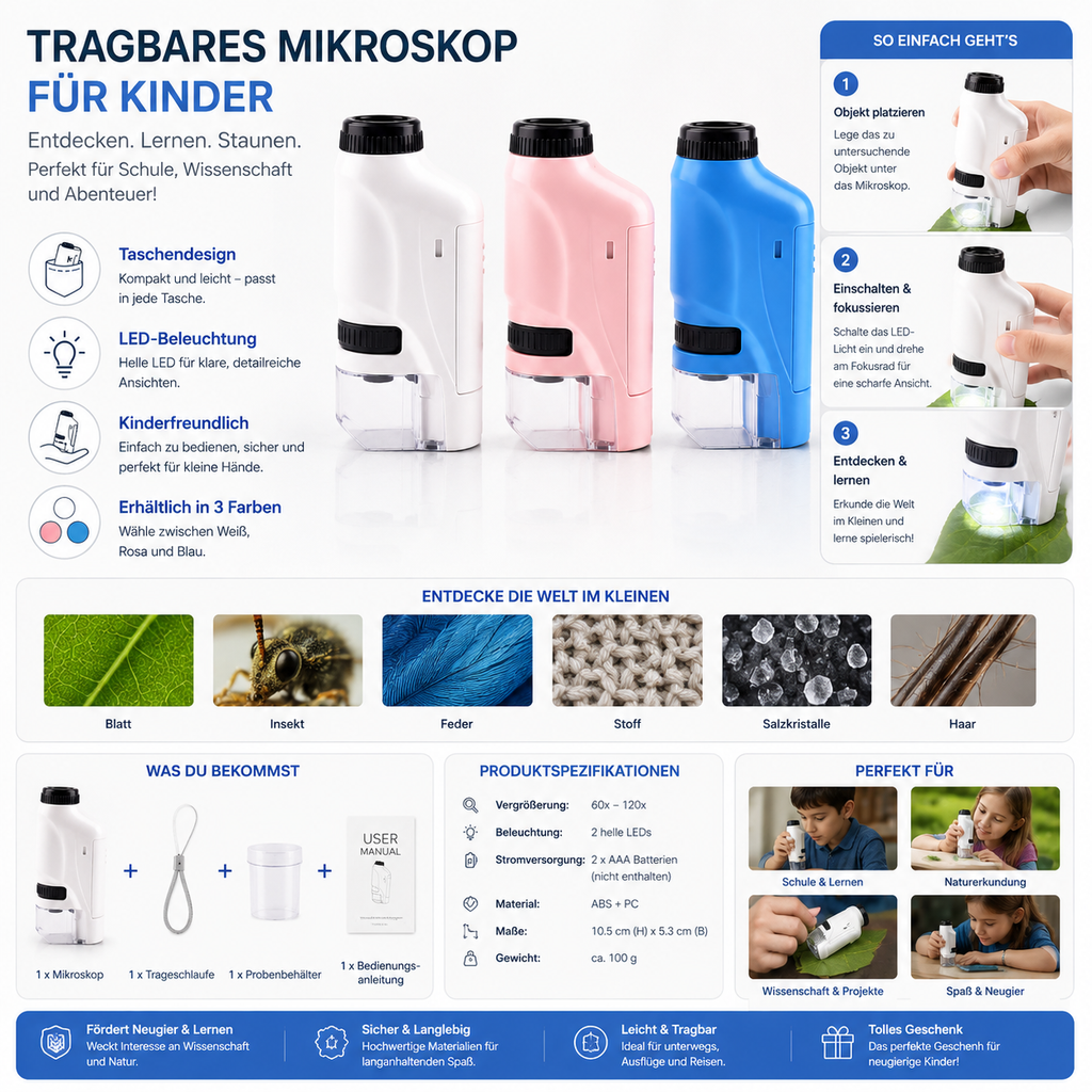 Portable Kids Microscope with LED Light — Educational Toy