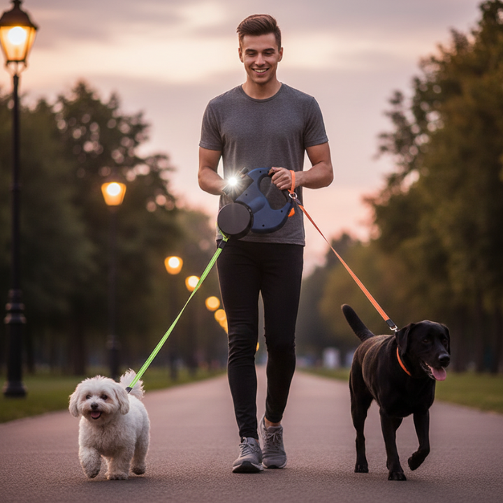 TwinTrail Dual Retractable Dog Leash — 360° Swivel for Two Dogs