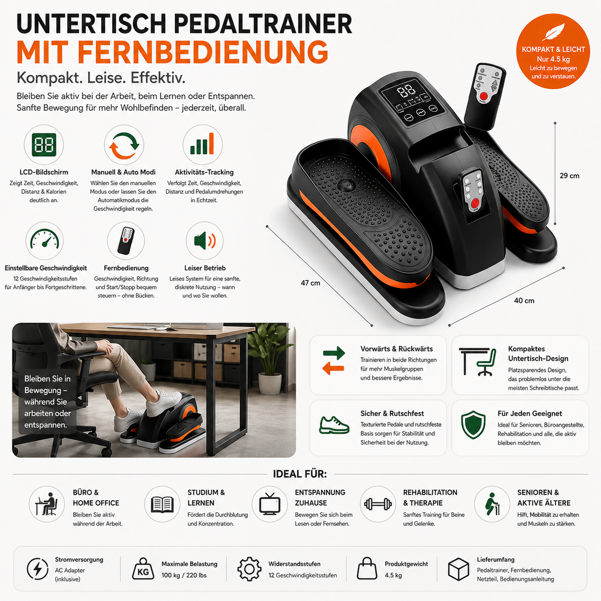 Kompakter Ellipsentrainer mit Pedalen für unter den Schreibtisch und Fernbedienung