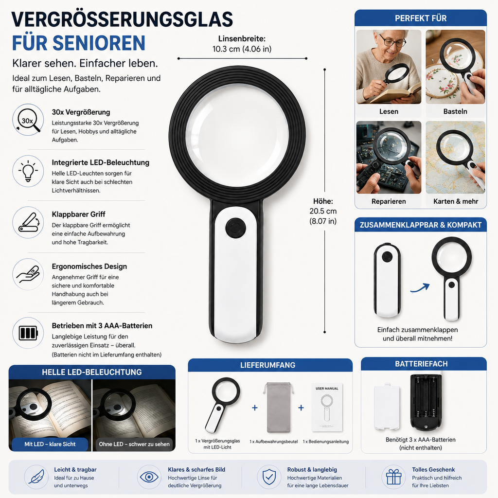 30x LED-forstørrelsesglas til seniorer - håndholdt læsehjælp