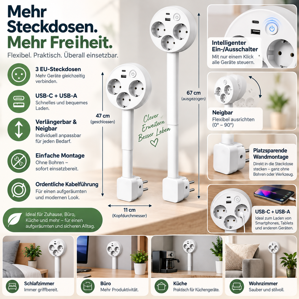 Slim uitbreidbaar wandstopcontact — eenvoudig te monteren stopcontact