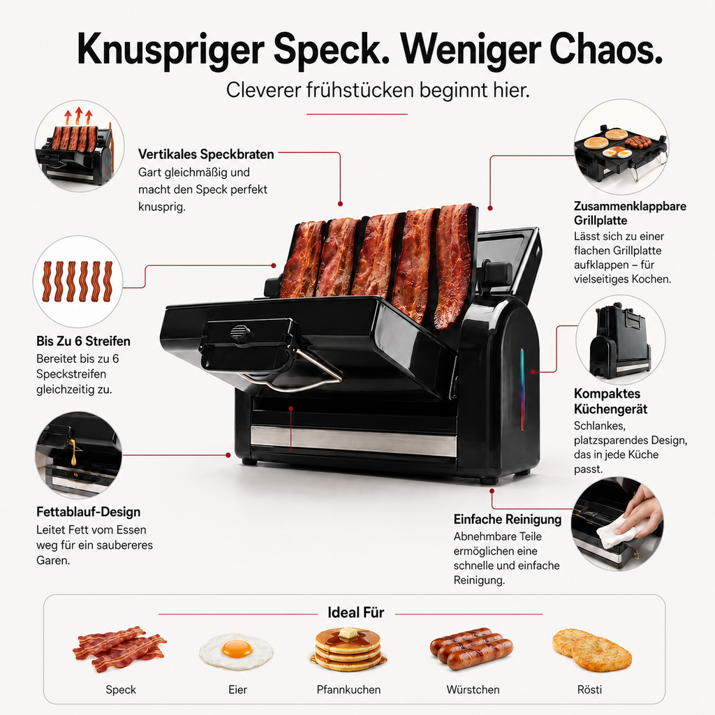 Compact Vertical Bacon Toaster, 6-Strip Capacity, Grease Drain