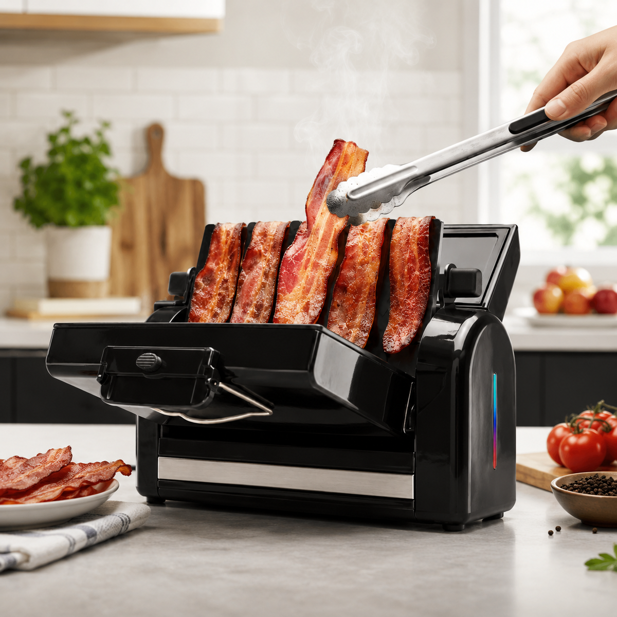 Compact Vertical Bacon Toaster, 6-Strip Capacity, Grease Drain