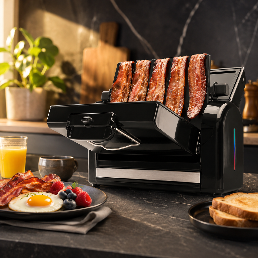 Compact Vertical Bacon Toaster, 6-Strip Capacity, Grease Drain
