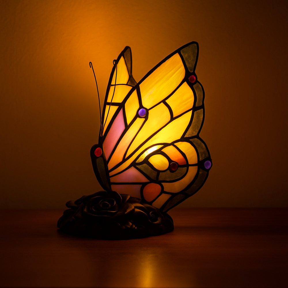 Vintage vlinder-tafellamp van glas-in-lood