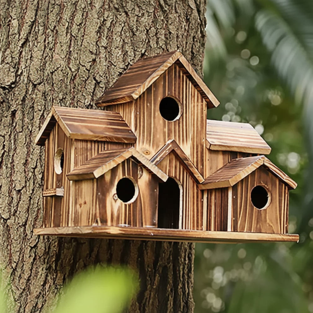 Casita rústica de madera para pájaros con varios compartimentos y caja nido