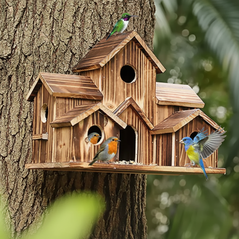 Casita rústica de madera para pájaros con varios compartimentos y caja nido