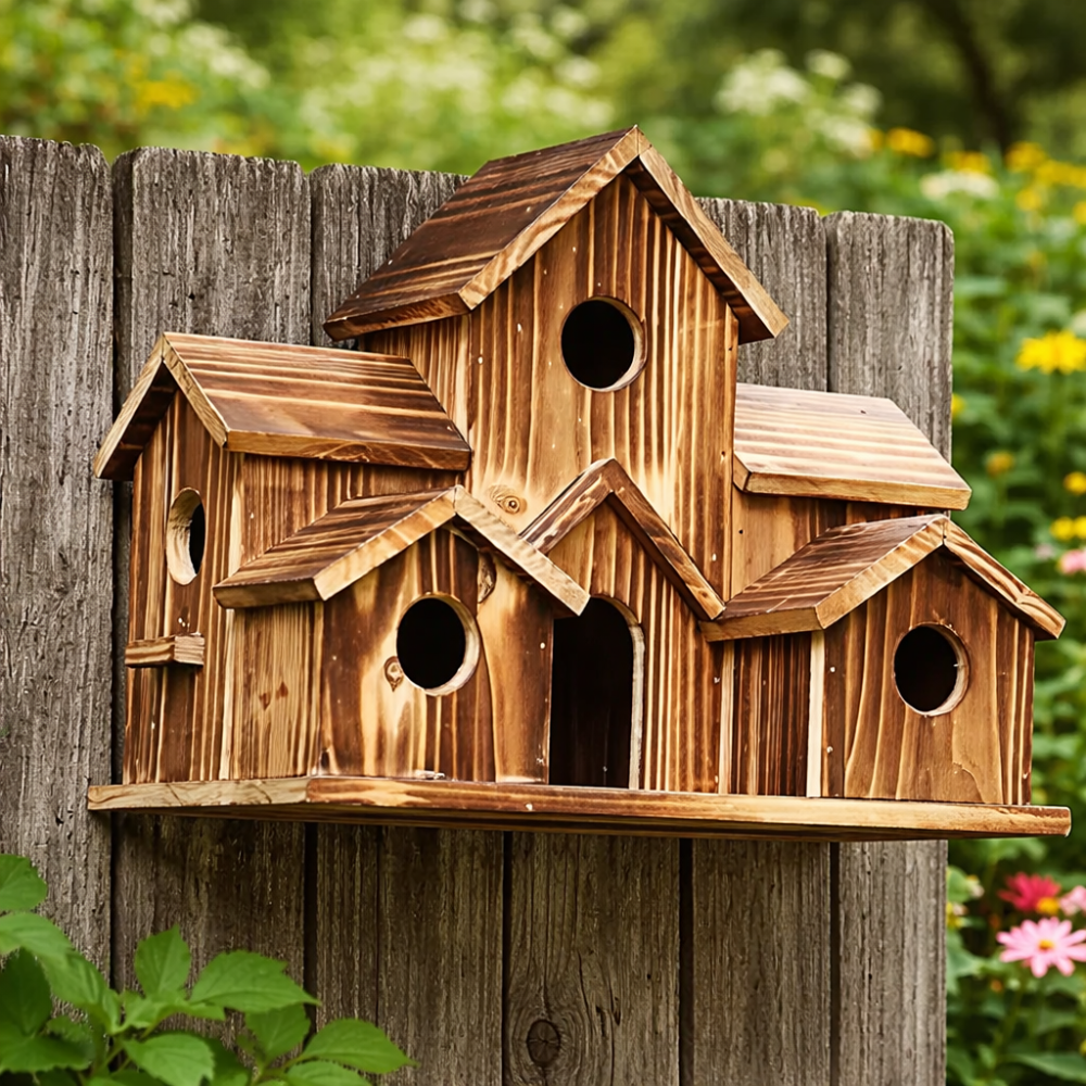 Casita rústica de madera para pájaros con varios compartimentos y caja nido