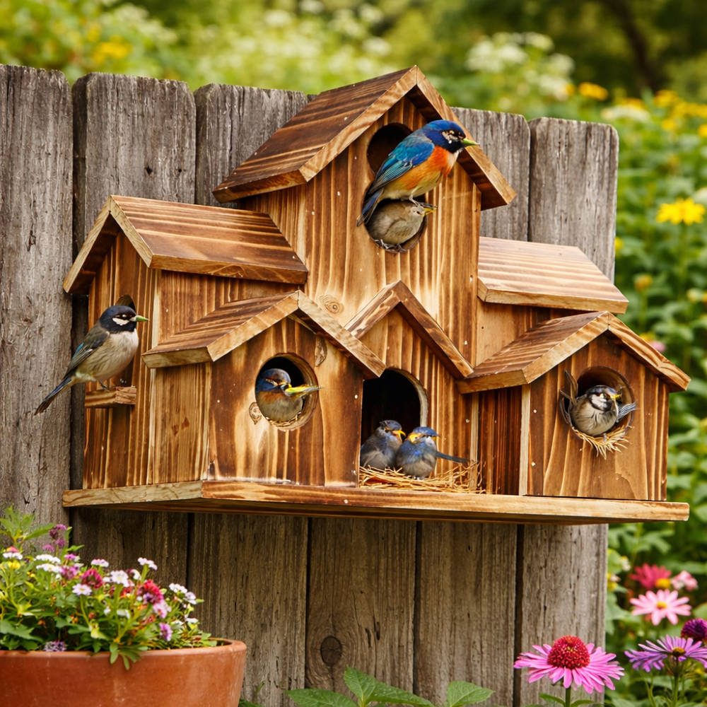 Casita rústica de madera para pájaros con varios compartimentos y caja nido