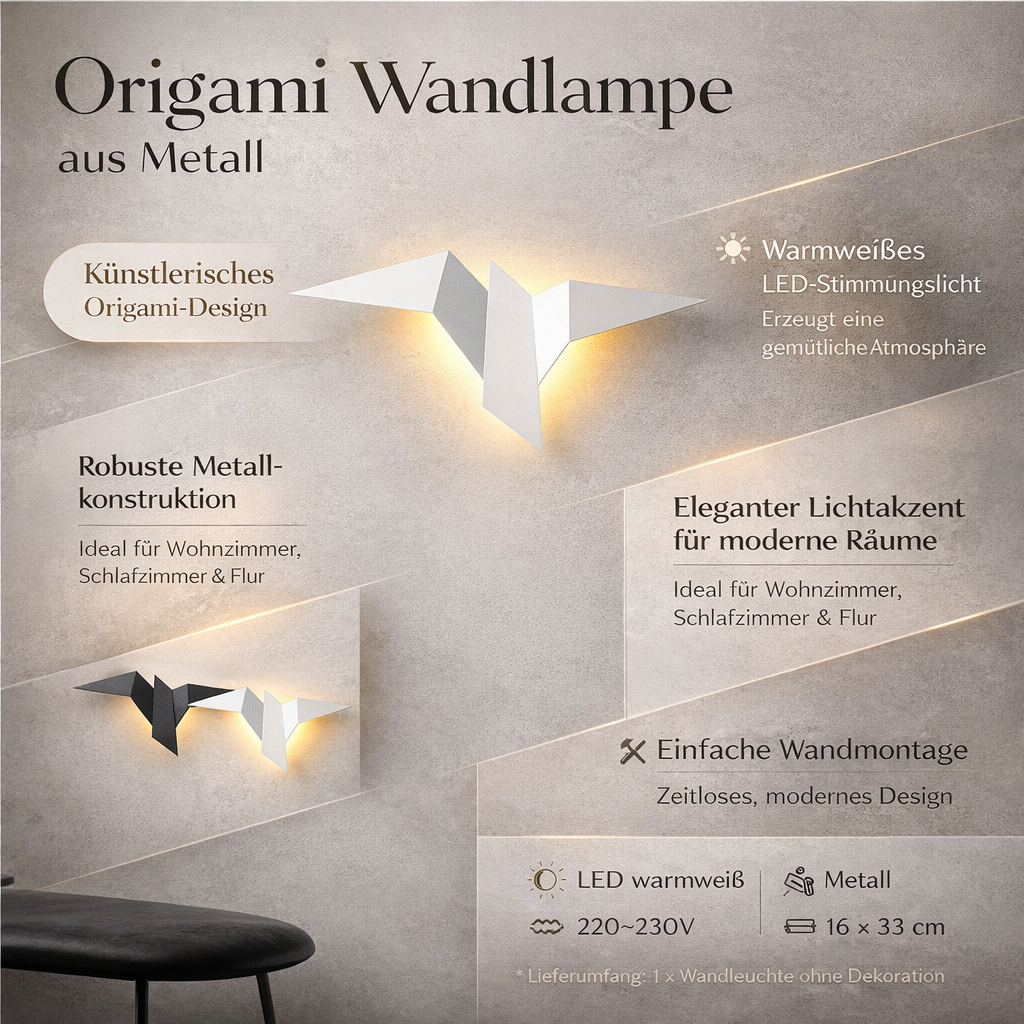 Modern vägglampa i metall — geometrisk origamidesign