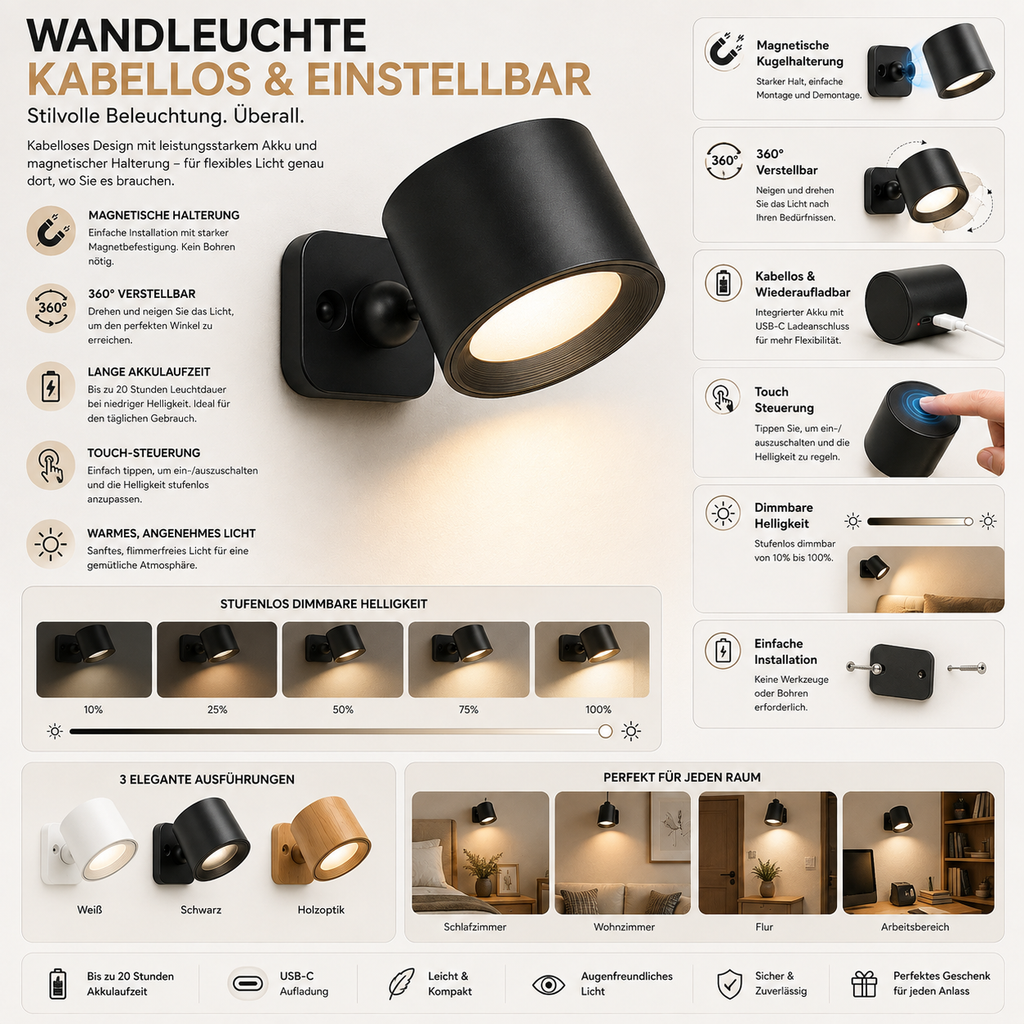 Luz de pared inalámbrica con control táctil y rotación de 360°