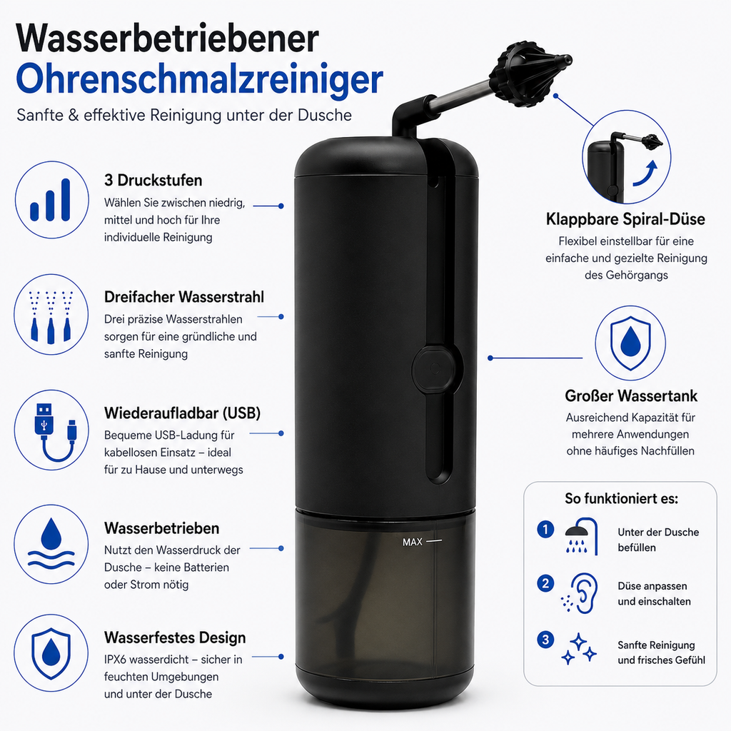 Wiederaufladbarer wasserbetriebener Ohrreiniger, 3 Druckstufen