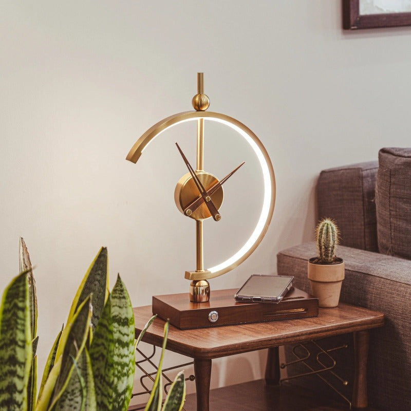 Wood LED Table Lamp — Digital Clock and Charging Station