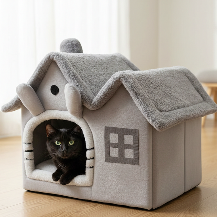 WhiskerHome geschlossenes Katzenzeltbett – gemütliches Kissenhaus-Design