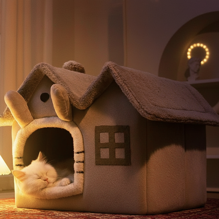 WhiskerHome geschlossenes Katzenzeltbett – gemütliches Kissenhaus-Design