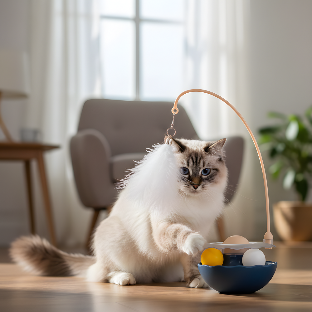 WobbleWhisk Motion-Activated Cat Toy — Feather Topper, Rolling Balls