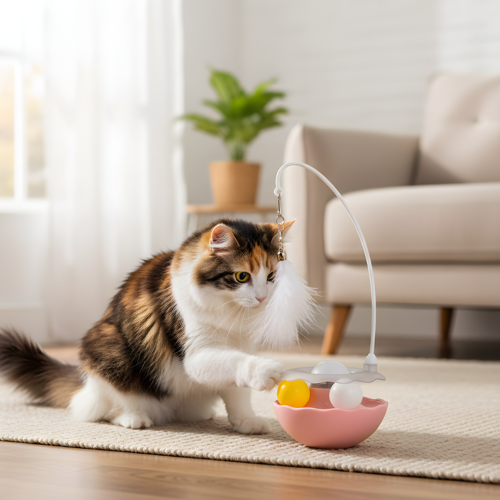 WobbleWhisk Motion-Activated Cat Toy — Feather Topper, Rolling Balls